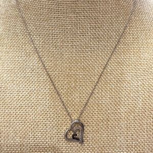 Sterling Silver Necklace Chain, Heart Pendant w/ tiny clear & black rhinestones